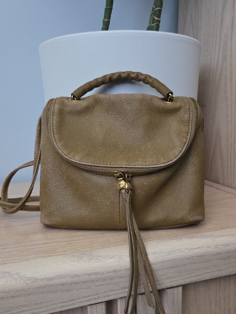 HOBO Olive-Tan Pebbled Leather Fern Mini Crossbody Satchel